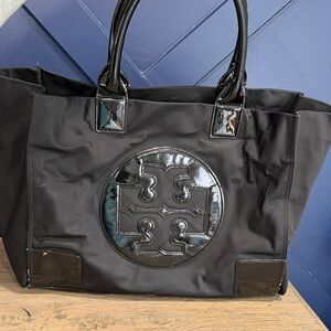 Tory Burch Black Patent Logo Nylon Tote